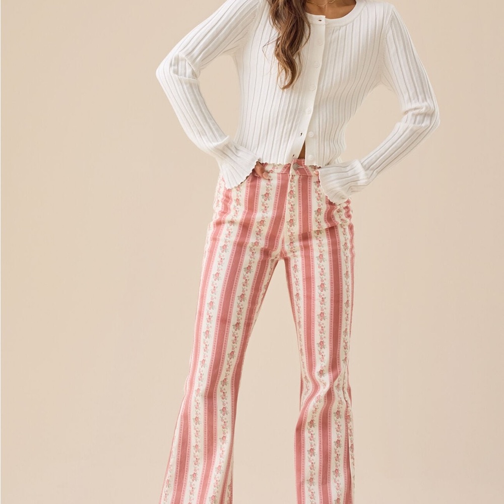 Altar'd State Red and Cream Floral Stripe Flare Pants (NWOT)